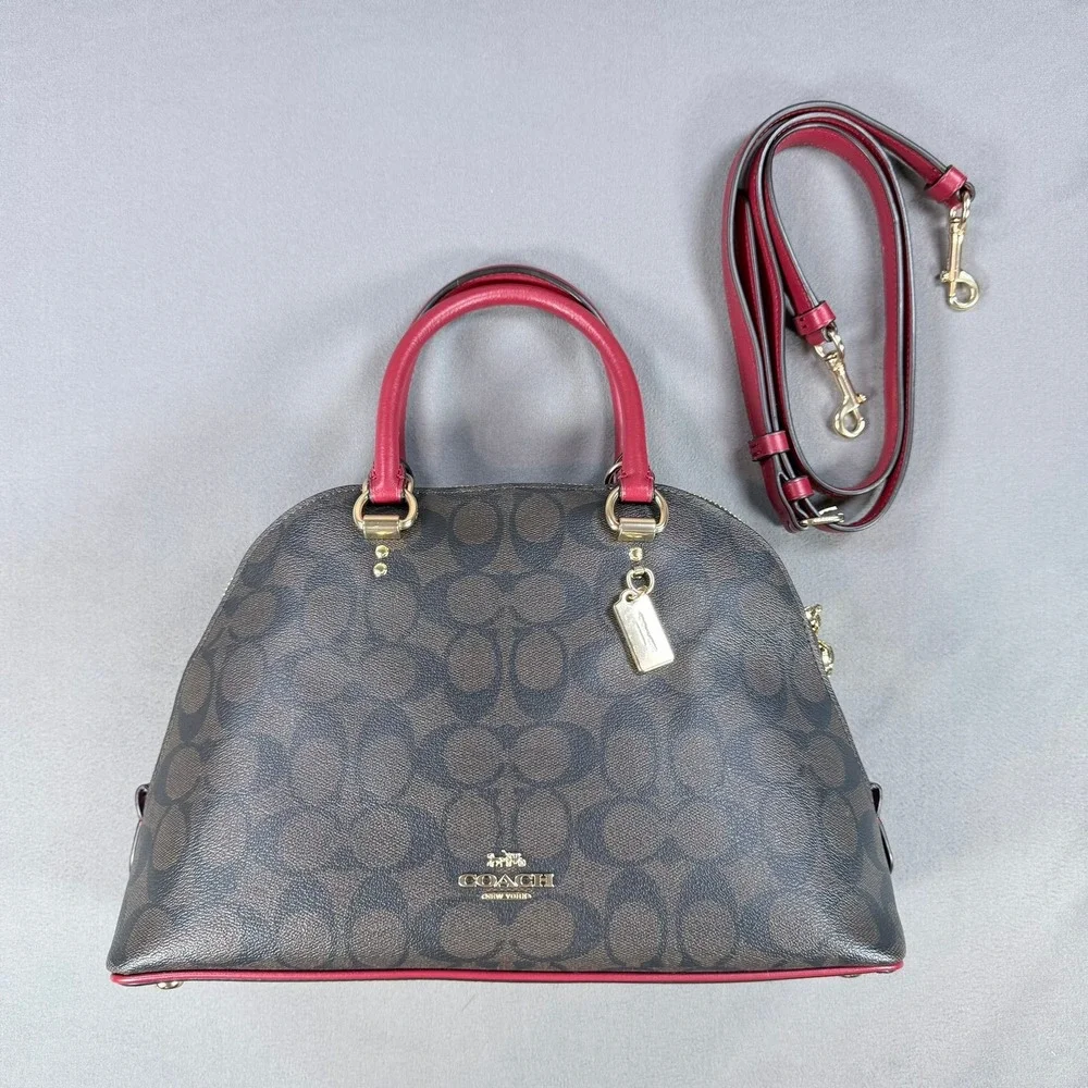 Coach Sierra Satchel Signature Coated Canvas Brown Red 13x9.5 Gold Hardware 2558